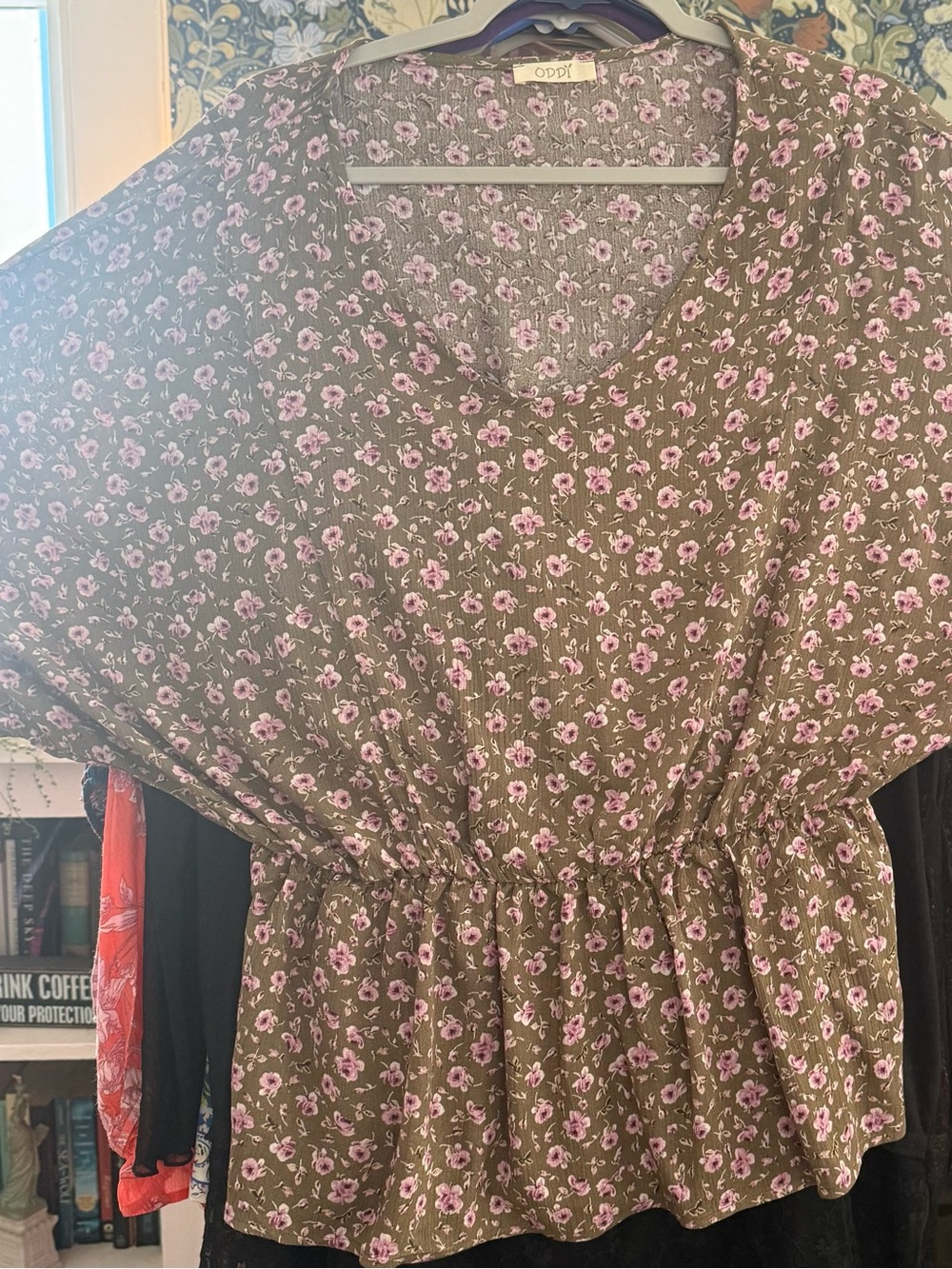 116. NEW Oddi top floral print in COLOR OLIVE image of red top, No cancels